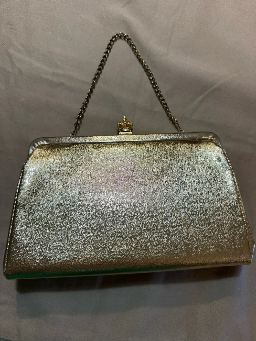 Vintage Gold Metallic Frame Clutch Handbag with Chain